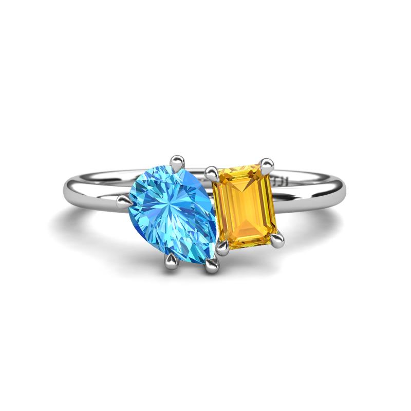 Nadya Pear Shape Blue Topaz & Emerald Shape Citrine 2 Stone Duo Ring 