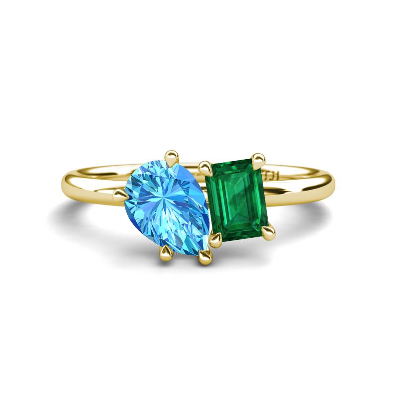 Nadya Pear Shape Blue Topaz & Emerald Shape Emerald 2 Stone Duo Ring 