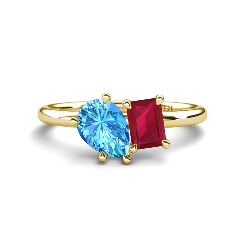 Nadya Pear Shape Blue Topaz & Emerald Shape Ruby 2 Stone Duo Ring 