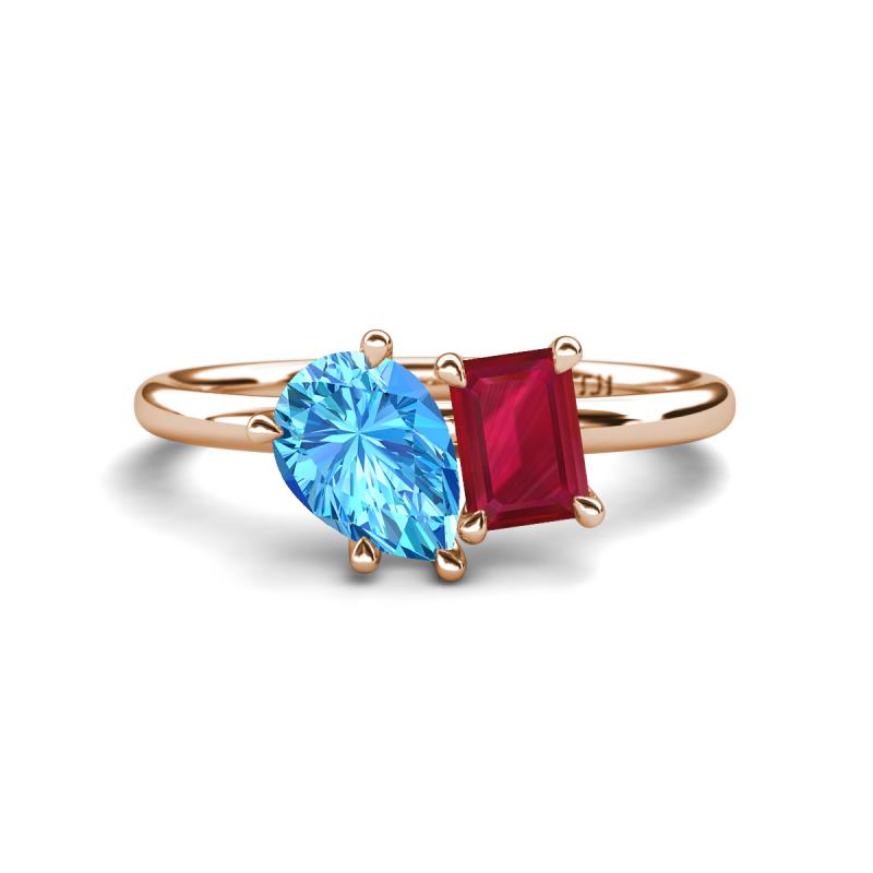 Nadya Pear Shape Blue Topaz & Emerald Shape Ruby 2 Stone Duo Ring 