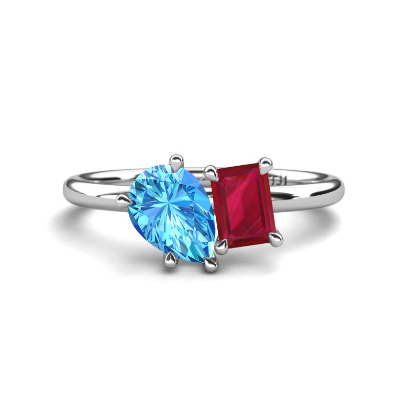 Nadya Pear Shape Blue Topaz & Emerald Shape Ruby 2 Stone Duo Ring 