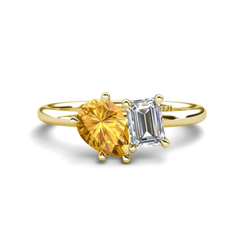 Nadya Pear Shape Citrine & Emerald Shape GIA Certified Diamond 2 Stone Duo Ring 