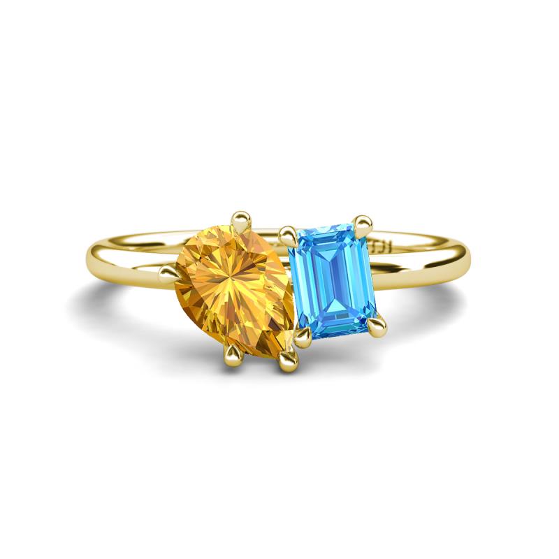 Nadya Pear Shape Citrine & Emerald Shape Blue Topaz 2 Stone Duo Ring 