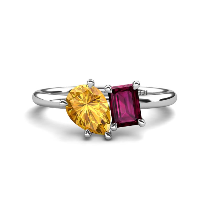 Nadya Pear Shape Citrine & Emerald Shape Rhodolite Garnet 2 Stone Duo Ring 