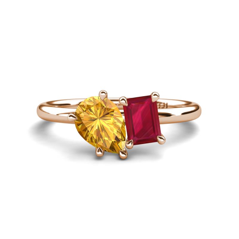 Nadya Pear Shape Citrine & Emerald Shape Ruby 2 Stone Duo Ring 