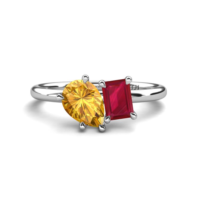 Nadya Pear Shape Citrine & Emerald Shape Ruby 2 Stone Duo Ring 