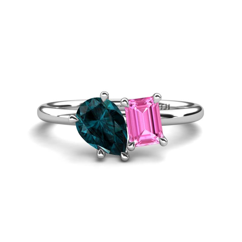 Nadya Pear Shape London Blue Topaz & Emerald Shape Pink Sapphire 2 Stone Duo Ring 