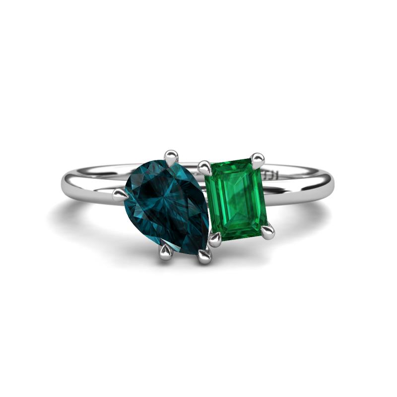 Nadya Pear Shape London Blue Topaz & Emerald Shape Emerald 2 Stone Duo Ring 