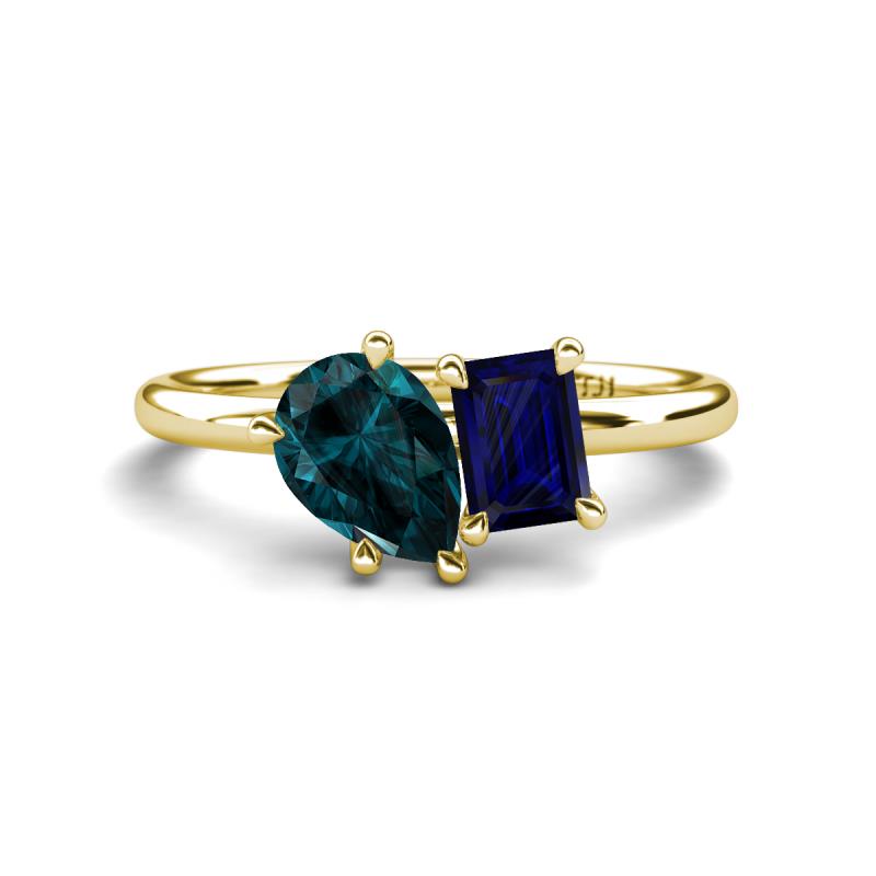 Nadya Pear Shape London Blue Topaz & Emerald Shape Blue Sapphire 2 Stone Duo Ring 