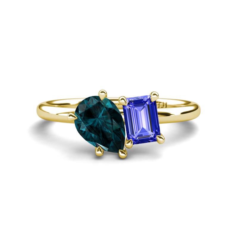 Nadya Pear Shape London Blue Topaz & Emerald Shape Tanzanite 2 Stone Duo Ring 