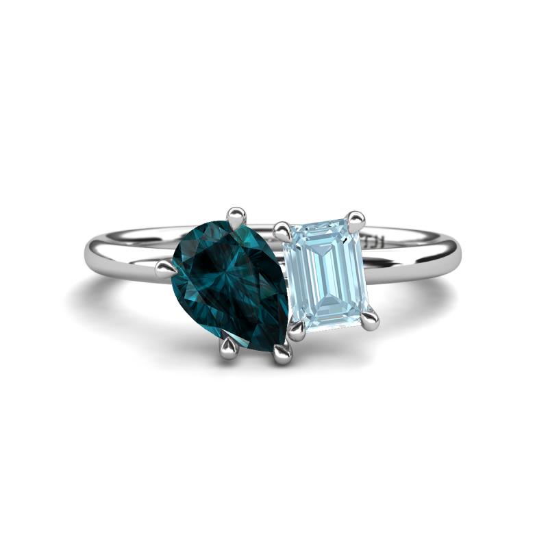 Nadya Pear Shape London Blue Topaz & Emerald Shape Aquamarine 2 Stone Duo Ring 