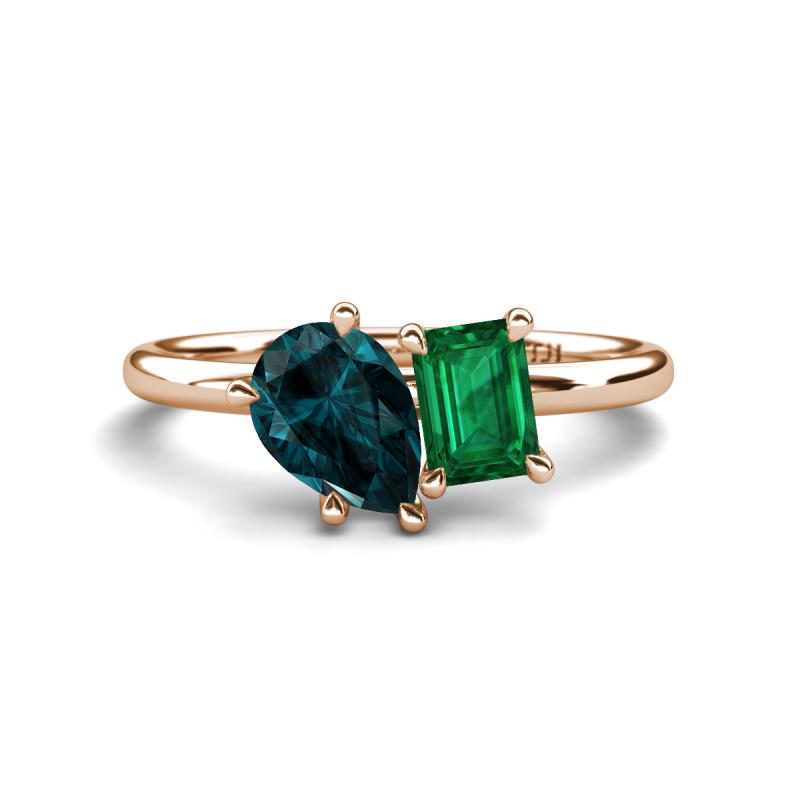 Nadya Pear Shape London Blue Topaz & Emerald Shape Emerald 2 Stone Duo Ring 