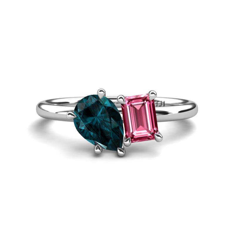 Nadya Pear Shape London Blue Topaz & Emerald Shape Pink Tourmaline 2 Stone Duo Ring 