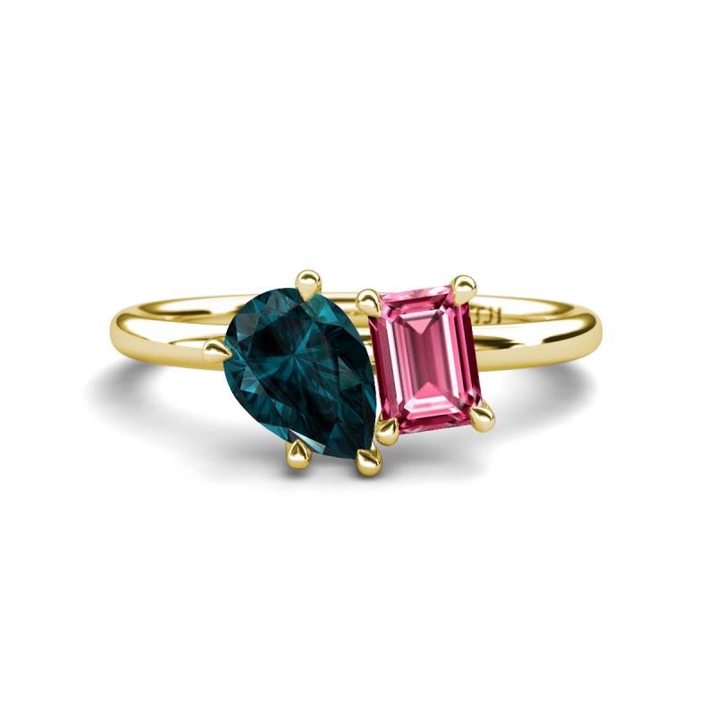 Nadya Pear Shape London Blue Topaz & Emerald Shape Pink Tourmaline 2 Stone Duo Ring 