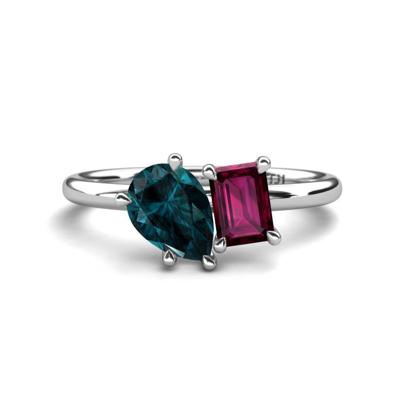 Nadya Pear Shape London Blue Topaz & Emerald Shape Rhodolite Garnet 2 Stone Duo Ring 