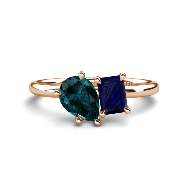 Nadya Pear Shape London Blue Topaz & Emerald Shape Blue Sapphire 2 Stone Duo Ring 