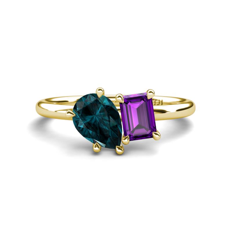 Nadya Pear Shape London Blue Topaz & Emerald Shape Amethyst 2 Stone Duo Ring 