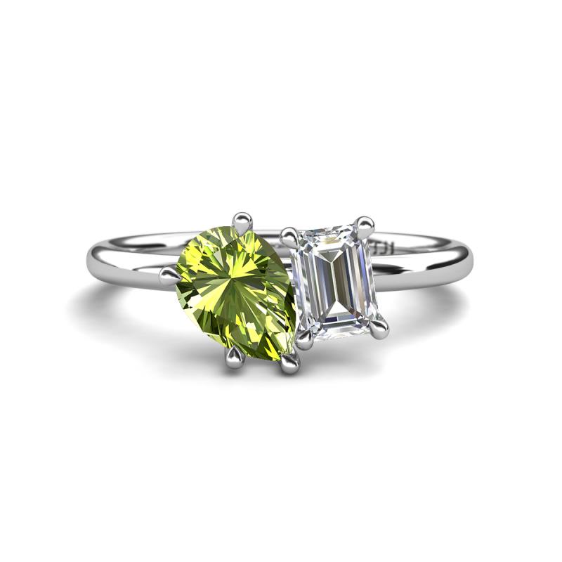 Nadya Pear Shape Peridot & Emerald Shape GIA Certified Diamond 2 Stone Duo Ring 