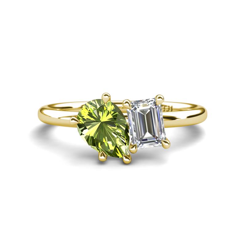 Nadya Pear Shape Peridot & Emerald Shape Forever Brilliant Moissanite 2 Stone Duo Ring 
