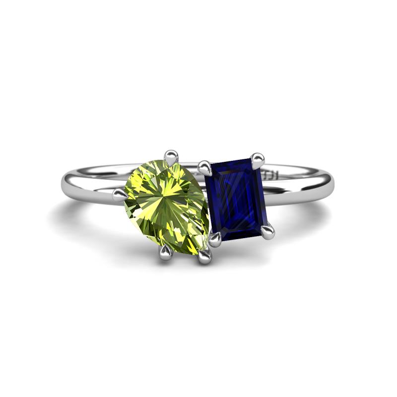 Nadya Pear Shape Peridot & Emerald Shape Blue Sapphire 2 Stone Duo Ring 