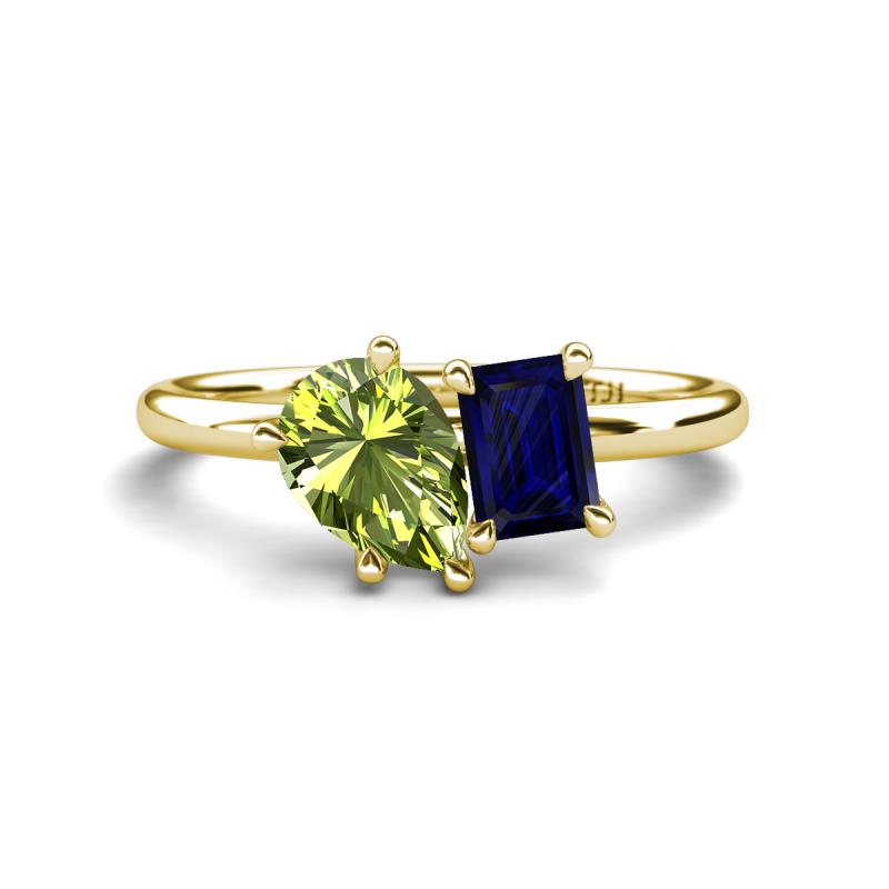 Nadya Pear Shape Peridot & Emerald Shape Blue Sapphire 2 Stone Duo Ring 