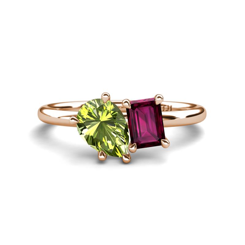 Nadya Pear Shape Peridot & Emerald Shape Rhodolite Garnet 2 Stone Duo Ring 