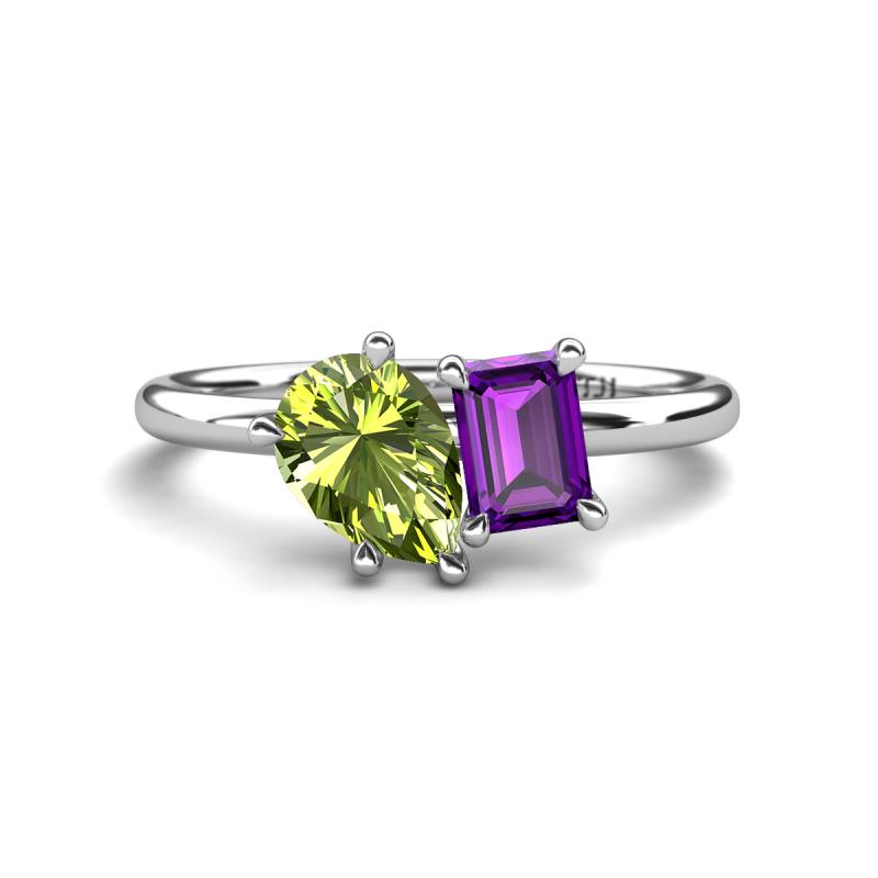 Nadya Pear Shape Peridot & Emerald Shape Amethyst 2 Stone Duo Ring 