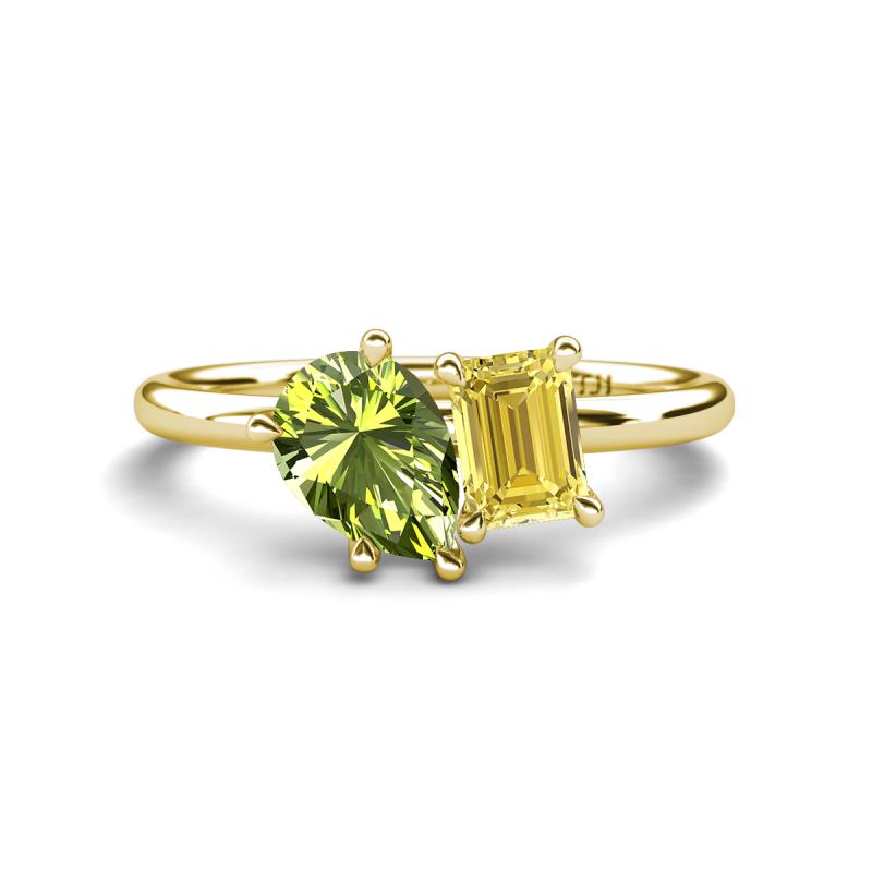 Nadya Pear Shape Peridot & Emerald Shape Yellow Sapphire 2 Stone Duo Ring 