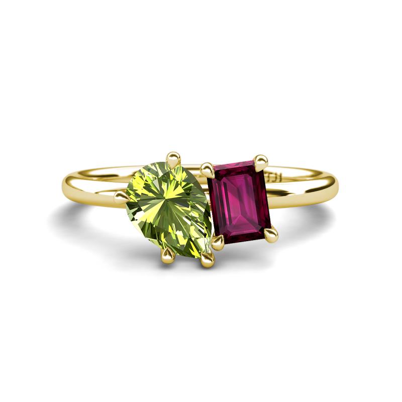 Nadya Pear Shape Peridot & Emerald Shape Rhodolite Garnet 2 Stone Duo Ring 
