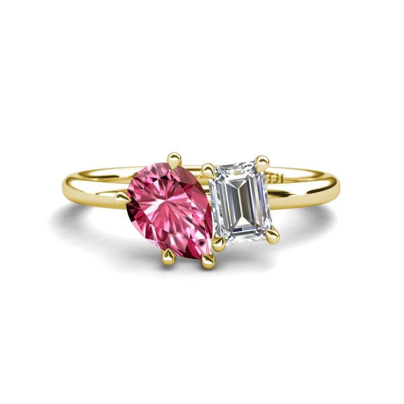 Nadya Pear Shape Pink Tourmaline & Emerald Shape GIA Certified Diamond 2 Stone Duo Ring 