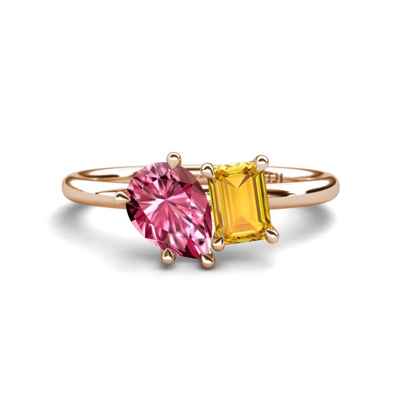 Nadya Pear Shape Pink Tourmaline & Emerald Shape Citrine 2 Stone Duo Ring 