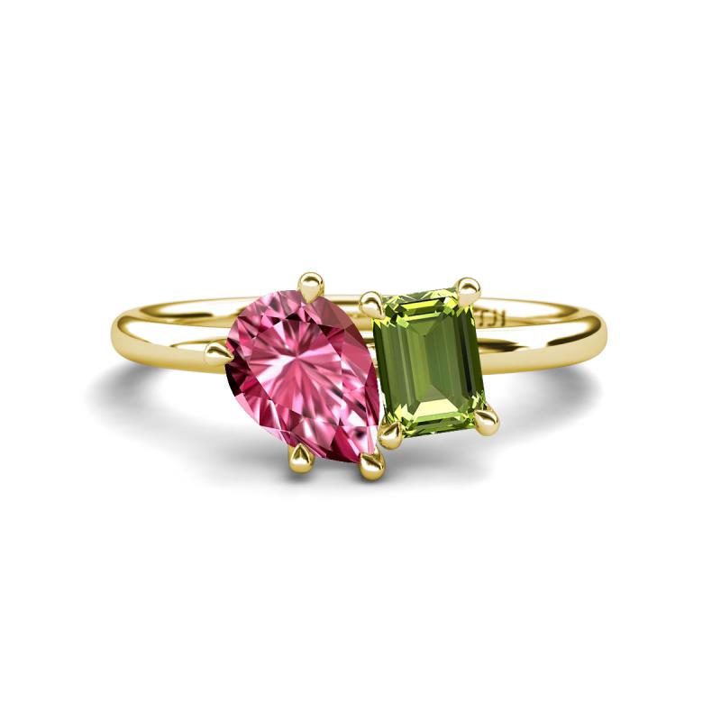 Nadya Pear Shape Pink Tourmaline & Emerald Shape Peridot 2 Stone Duo Ring 