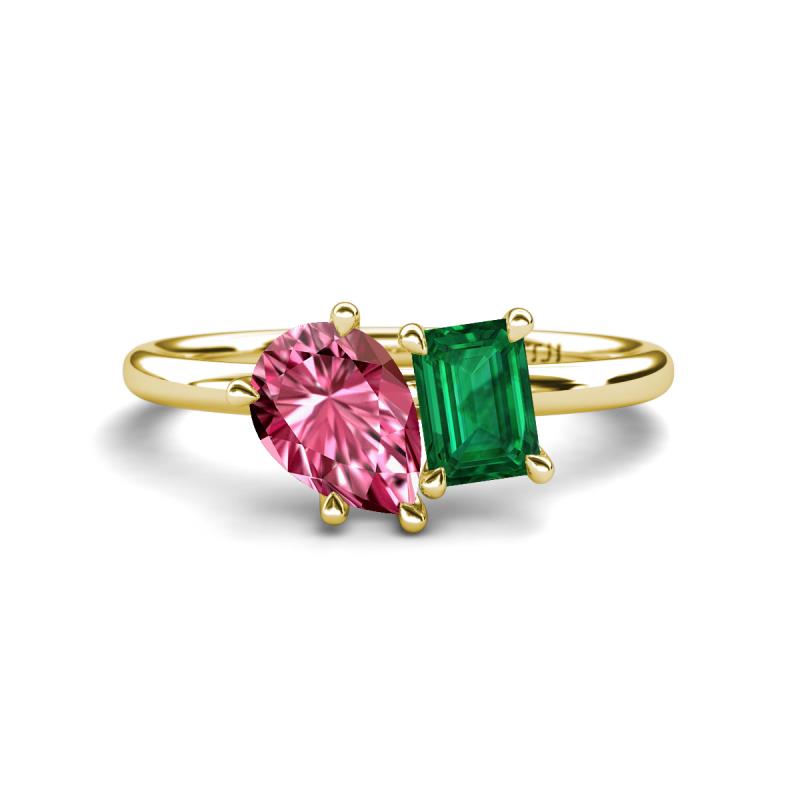 Nadya Pear Shape Pink Tourmaline & Emerald Shape Emerald 2 Stone Duo Ring 