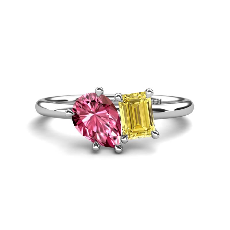Nadya Pear Shape Pink Tourmaline & Emerald Shape Yellow Sapphire 2 Stone Duo Ring 