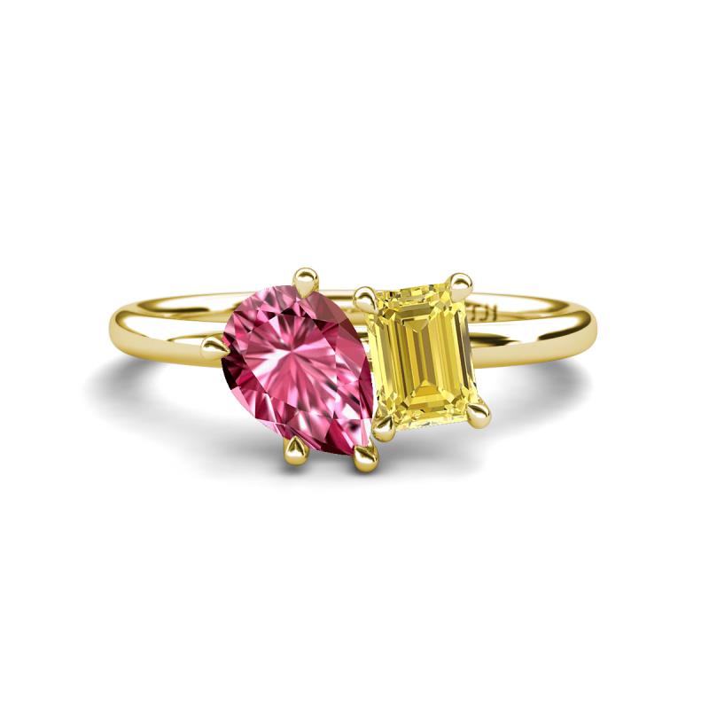 Nadya Pear Shape Pink Tourmaline & Emerald Shape Yellow Sapphire 2 Stone Duo Ring 