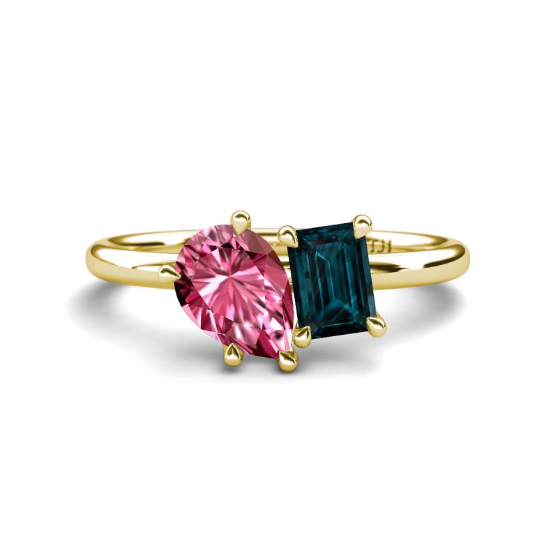 Nadya Pear Shape Pink Tourmaline & Emerald Shape London Blue Topaz 2 Stone Duo Ring 