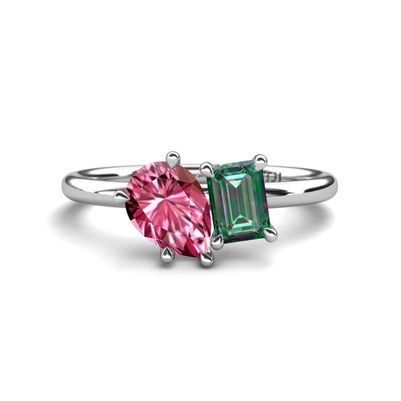 Nadya Pear Shape Pink Tourmaline & Emerald Shape Lab Created Alexandrite 2 Stone Duo Ring 