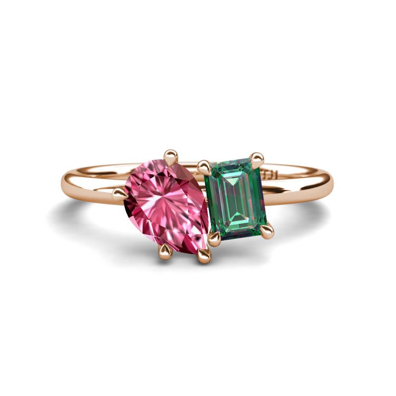 Nadya Pear Shape Pink Tourmaline & Emerald Shape Lab Created Alexandrite 2 Stone Duo Ring 