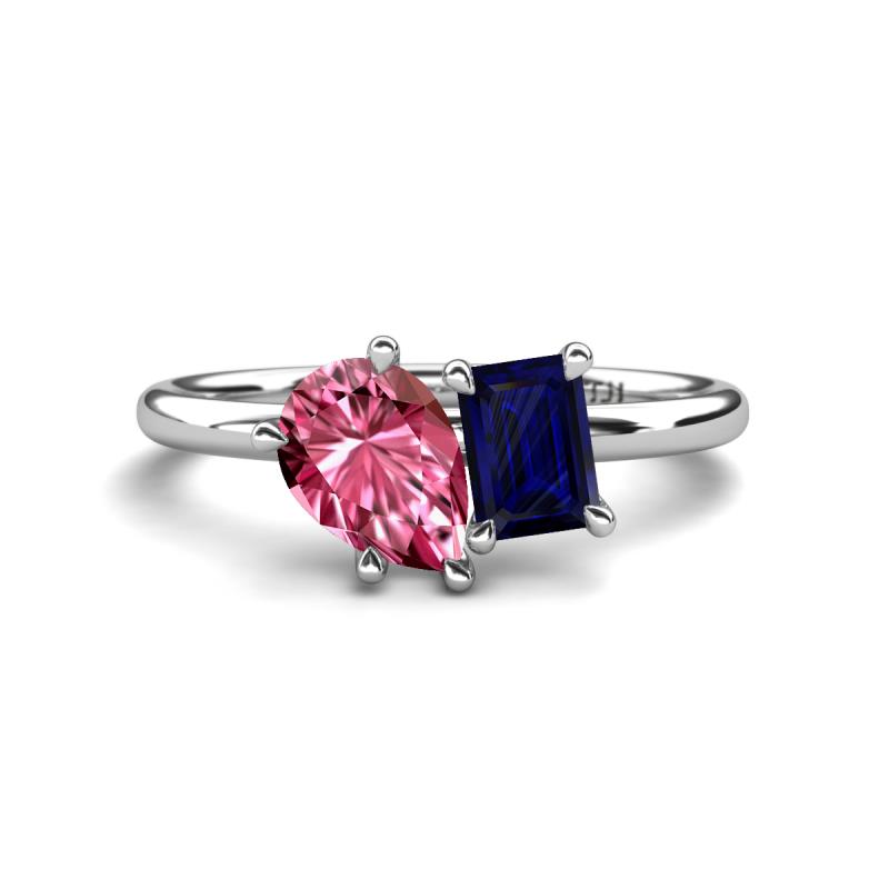 Nadya Pear Shape Pink Tourmaline & Emerald Shape Blue Sapphire 2 Stone Duo Ring 