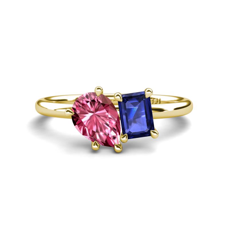 Nadya Pear Shape Pink Tourmaline & Emerald Shape Iolite 2 Stone Duo Ring 