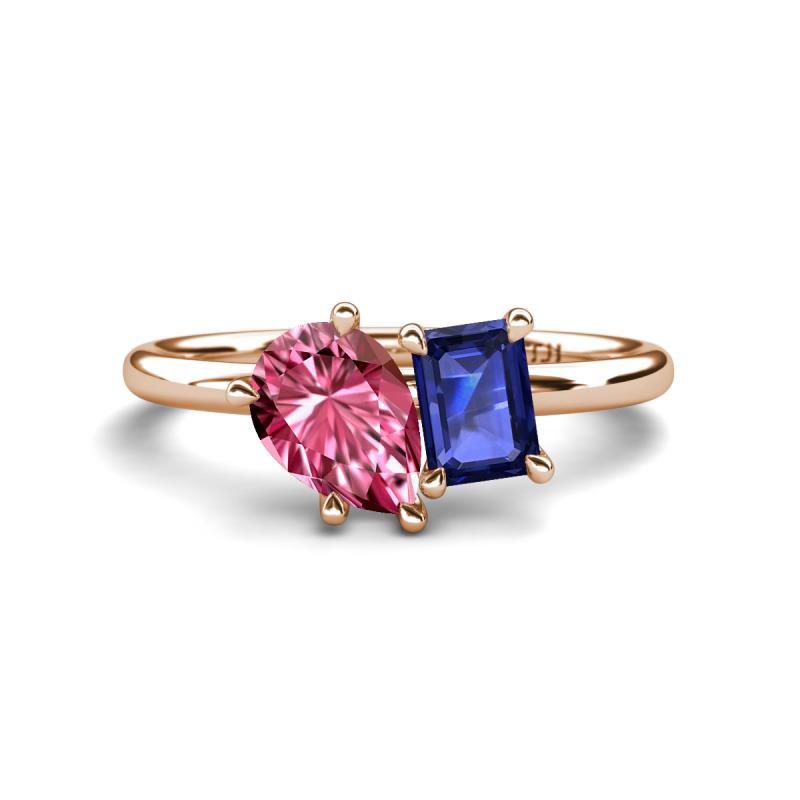 Nadya Pear Shape Pink Tourmaline & Emerald Shape Iolite 2 Stone Duo Ring 