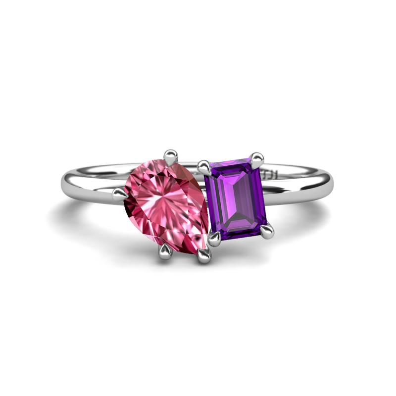 Nadya Pear Shape Pink Tourmaline & Emerald Shape Amethyst 2 Stone Duo Ring 