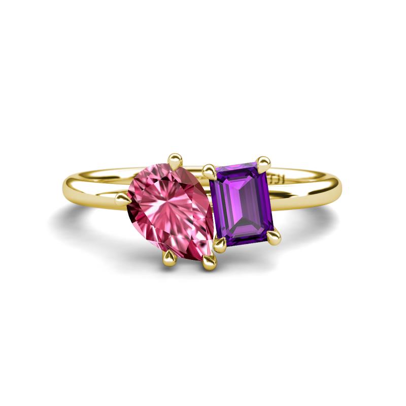 Nadya Pear Shape Pink Tourmaline & Emerald Shape Amethyst 2 Stone Duo Ring 