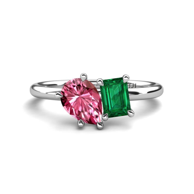 Nadya Pear Shape Pink Tourmaline & Emerald Shape Emerald 2 Stone Duo Ring 