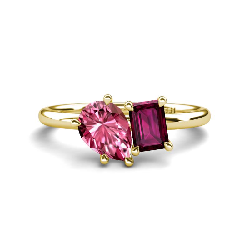 Nadya Pear Shape Pink Tourmaline & Emerald Shape Rhodolite Garnet 2 Stone Duo Ring 