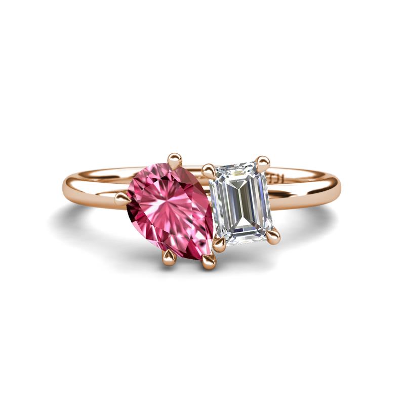 Nadya Pear Shape Pink Tourmaline & Emerald Shape Certified Lab Grown Diamond 2 Stone Duo Ring 