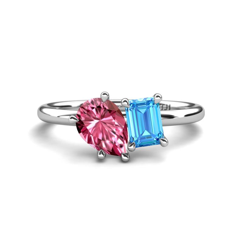 Nadya Pear Shape Pink Tourmaline & Emerald Shape Blue Topaz 2 Stone Duo Ring 