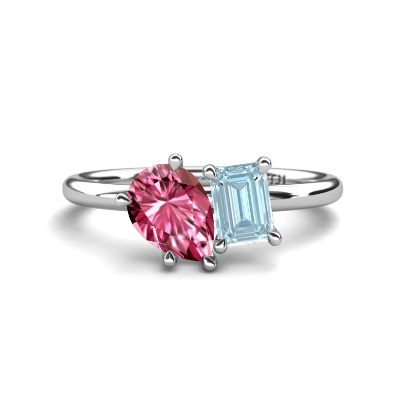 Nadya Pear Shape Pink Tourmaline & Emerald Shape Aquamarine 2 Stone Duo Ring 