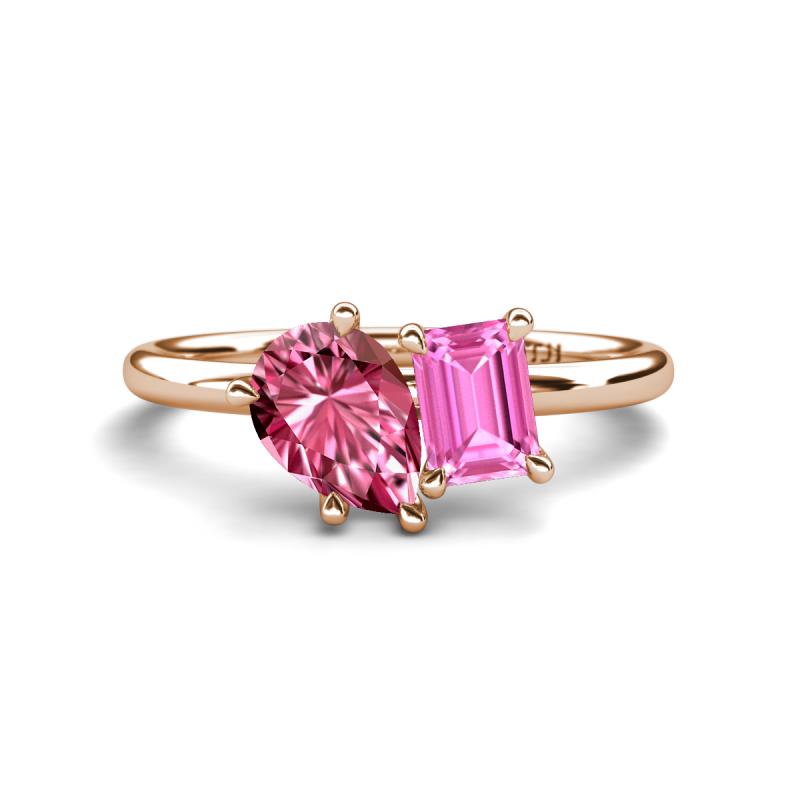 Nadya Pear Shape Pink Tourmaline & Emerald Shape Pink Sapphire 2 Stone Duo Ring 