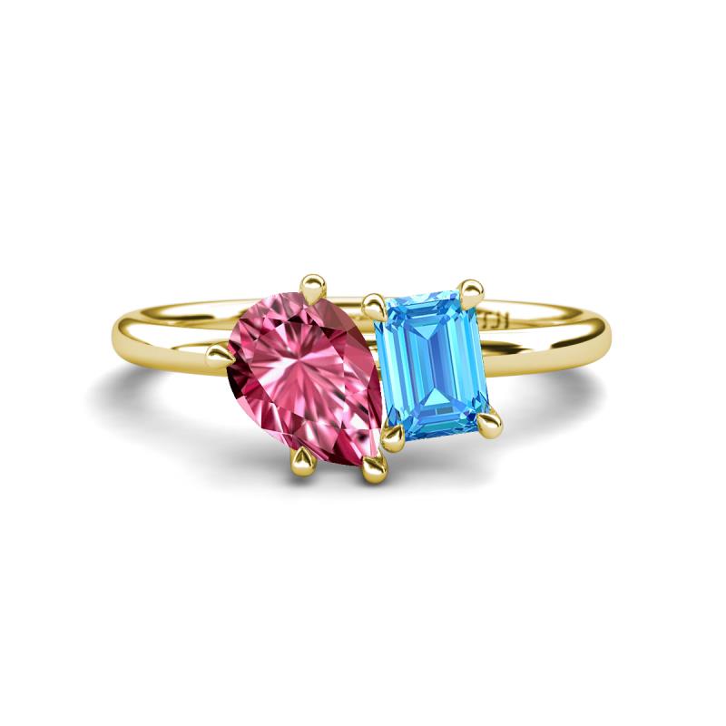 Nadya Pear Shape Pink Tourmaline & Emerald Shape Blue Topaz 2 Stone Duo Ring 